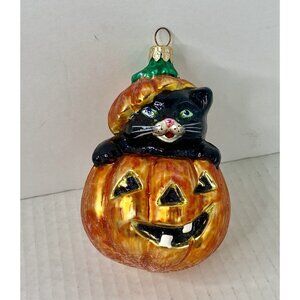 Christopher Radko Halloween Ornament Puss ‘N’ Boo Glass Black Cat Pumpkin No Box